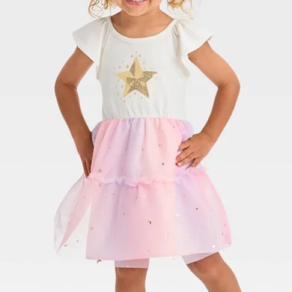 Cat & Jack Baby Girls 2 Piece Short Sleeve Star Tulle Dress - Cream 12M